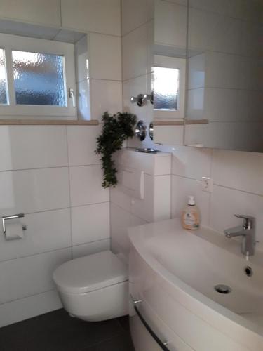 a white bathroom with a toilet and a sink at Ferienwohnung Hinterstoißer in Berchtesgaden