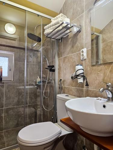 a bathroom with a toilet and a sink and a shower at Male stepenice in Belgrade