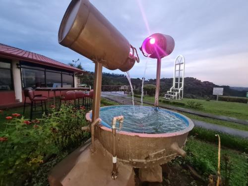 a water fountain with a pink balloon in a bucket at Hotel Bar Restaurante IL Rifugio in Poás