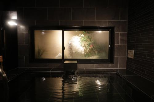 a tv on a wall with a pool of water at Super Hotel Sano Fujioka in Sano