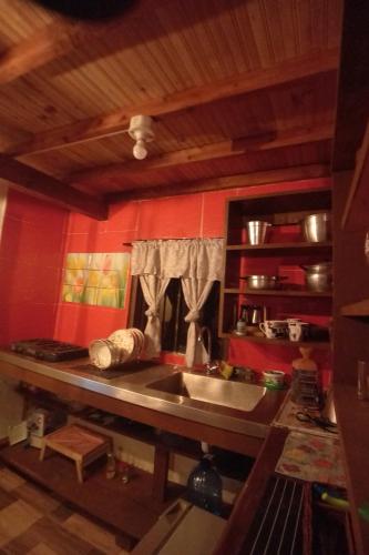 a kitchen with a sink and a red wall at Boresta House -Santa Elena con vista al Bosque y terraza privada in Medellín
