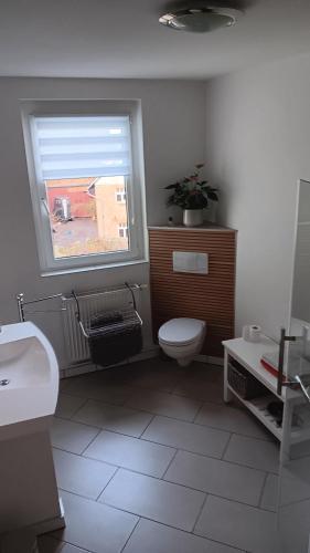 ein Badezimmer mit Toilette und Fenster in der Unterkunft Ferienwohnung Saalfeld - Sommerfrische Burkersdorf in Saalfeld
