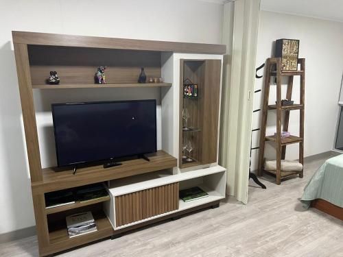 un centro de entretenimiento con TV en la sala de estar en Minidepartamento de estreno, en Lima