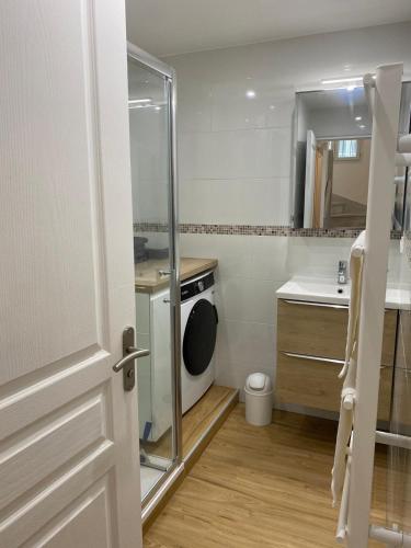 La petite salle de bains est pourvue d'un lavabo et d'un lave-linge. dans l'établissement jasses de Camargues, à Gallargues-le-Montueux