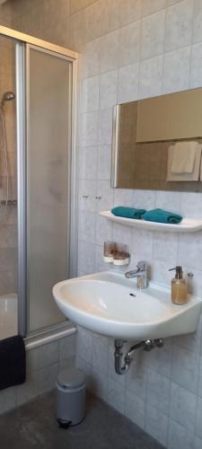 a bathroom with a white sink and a shower at Gasthaus Mandelhof in Neustadt an der Weinstraße