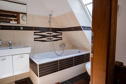 a bathroom with a bath tub and a toilet at Apartmán Rozárka u Lemberka in Liberec