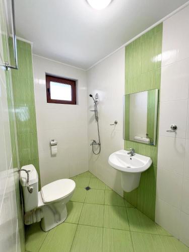 a green and white bathroom with a toilet and sink at Къща за гости Теодора in Tsarevo