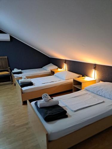 Una habitación con tres camas con toallas. en Rooms Baranjska Oaza, en Bilje