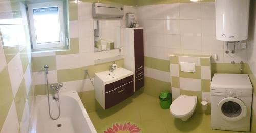 a bathroom with a sink and a washing machine at moderno opremljena hiša z odmaknjeno lokacijo in Dolenjske Toplice
