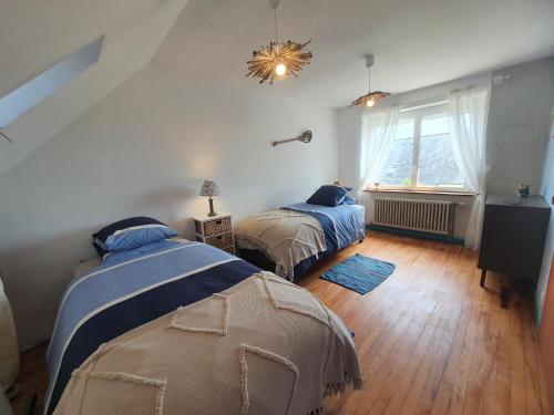 a bedroom with two beds and a window at Gîte Thera Cottage 3 étoiles in Le Vieux-Bourg