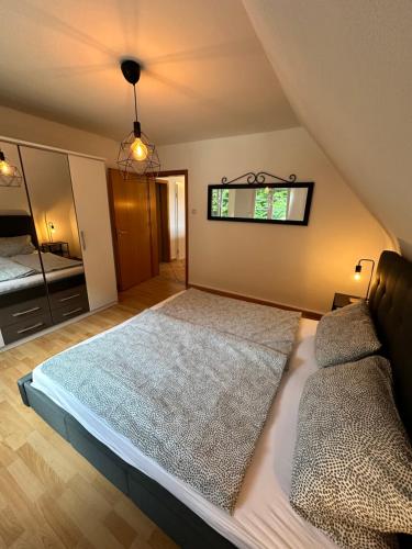 1 dormitorio con 1 cama grande en el ático en Ferienwohnung Luna, en Dahn