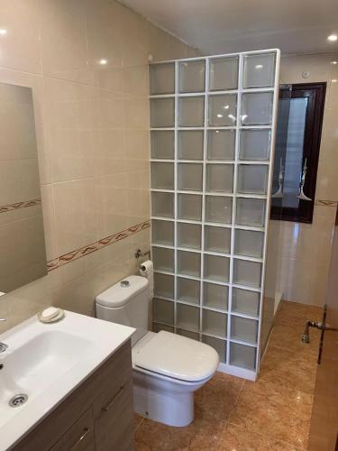 a bathroom with a white toilet and a sink at Apartment Tres Palmeras with pool in Vinarós