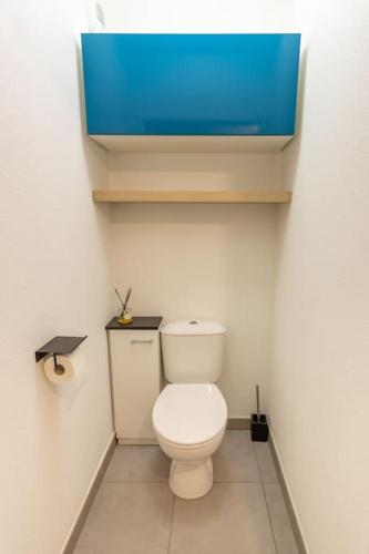 une salle de bain avec des toilettes avec une boîte bleue au-dessus dans l'établissement T3-2 min metro-24 24h, à Toulouse