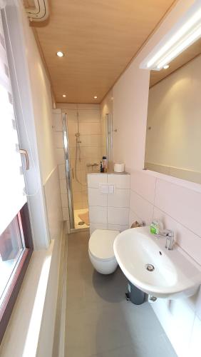 a white bathroom with a toilet and a sink at Hotel Schneiderhof in Braunlage