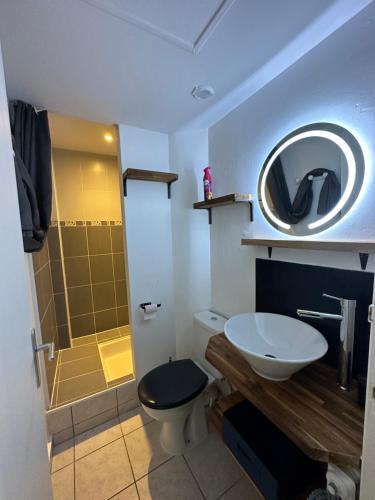 une salle de bain avec un lavabo, des toilettes et une douche dans l'établissement Appartement vue Scorff Lanester, à Lanester
