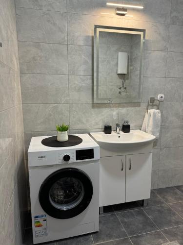 a bathroom with a washing machine and a sink at Reshkov Pool Apartments in Gevgelija
