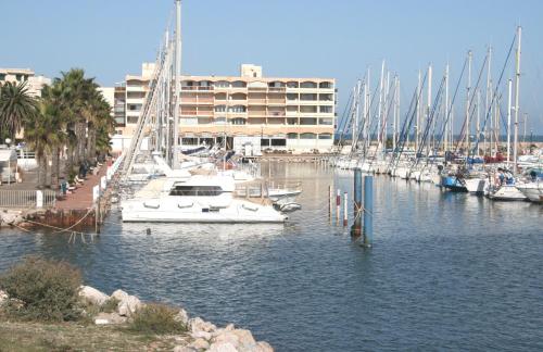 un groupe de bateaux est amarré dans un port de plaisance dans l'établissement Studio avec vue paradisiaque sur port et mer, au Barcarès