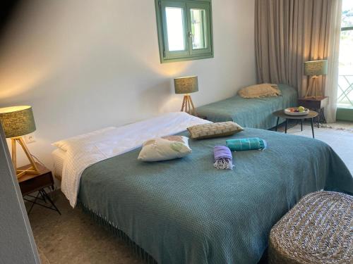 a hotel room with two beds and a mirror at Pelikastri in Promírion