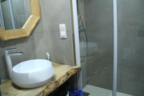 une salle de bain avec un lavabo blanc et une douche dans l'établissement Joran JR6 MOUNTAIN & NATURE 4 Pers, à Châtel