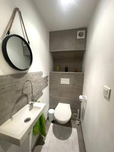 une salle de bain avec toilettes, lavabo et miroir dans l'établissement Cosy 2 p,à Deux Pas de la Plage, Calme-Parking, à Nice