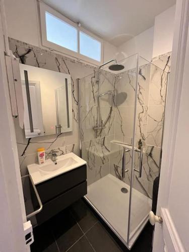 une salle de bain avec douche et lavabo dans l'établissement Bel appartement à Paris, à Paris