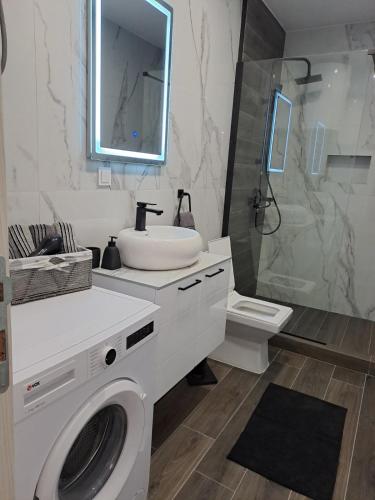 a white bathroom with a sink and a washing machine at Village House DIMS in Kotor