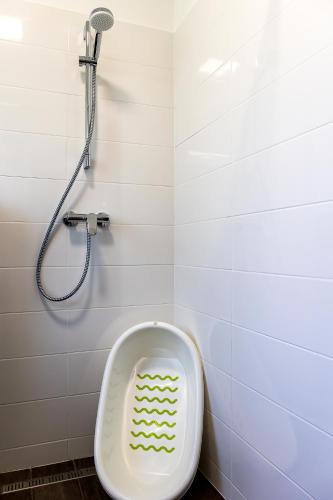 a bathroom with a urinal and a shower at Baka Apartman in Ábrahámhegy
