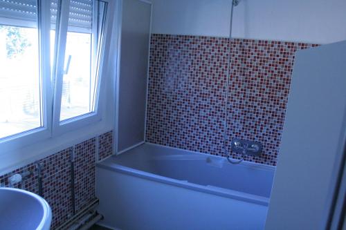 een badkamer met een bad, een wastafel en een raam bij Appartement Les Berges de l'Ornain in Bar-le-Duc