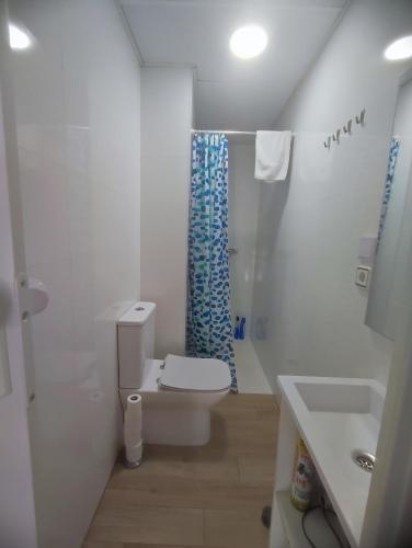 Un baño con inodoro, ducha y lavabo. en Loft duplex industrial near the sea bicicles, en Valencia