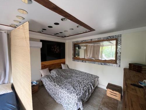 une chambre avec un lit et un miroir dans l'établissement Bel appartement dans une maison, à Cannes