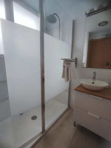 y baño con ducha, lavabo y espejo. en Close to the sea large 170 m2 apartmentBIKES, en Valencia