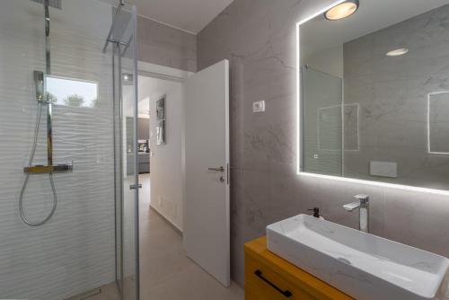 a bathroom with a shower and a sink and a mirror at Villa Sunshine by SeeAdria Agency in Karpinjan