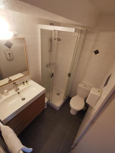 une salle de bain avec une douche, des toilettes et un lavabo dans l'établissement L'auberge de St Julien, à Saint-Julien-de-Jonzy