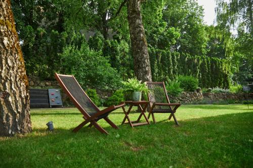 two chairs and a table in the grass next to a tree at "Parko vila" Anykščiai in Anykščiai