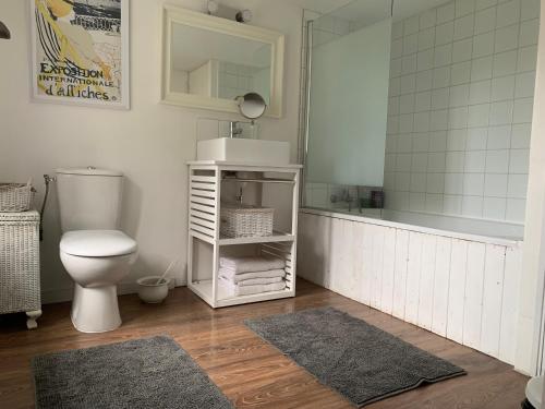 a bathroom with a toilet and a sink and a mirror at Lavande in Châtelus-le-Marcheix