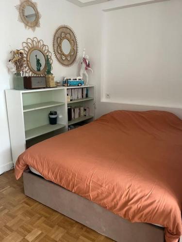 une chambre avec un lit et une étagère dans l'établissement Confortable studio Canal st Martin, à Paris