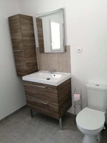 une salle de bain avec un lavabo, des toilettes et un miroir dans l'établissement Se ressourcer au calme, à Régusse