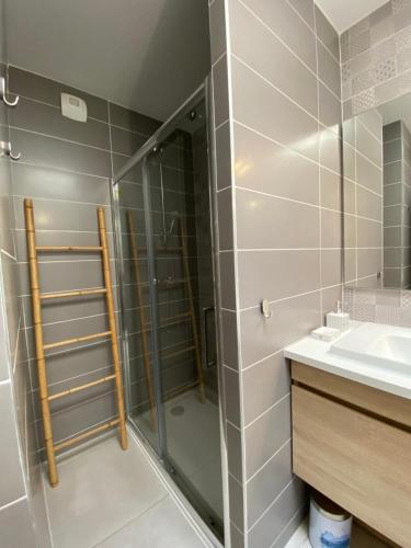 une salle de bain avec douche et lavabo dans l'établissement Appart 4 pers climatisé parking piscine proche des plages ménage inclus - V0816, à Vias