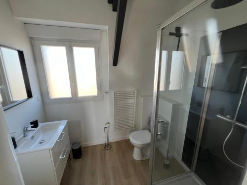 une salle de bain avec une douche, des toilettes et un lavabo dans l'établissement L'Hostellerie des Vieux Plats LGT 6, à Gonneville-la-Mallet