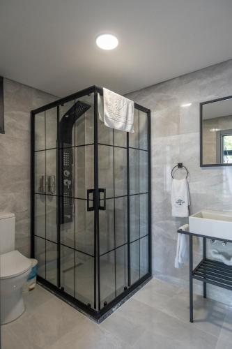 a bathroom with a shower with a toilet and a sink at Sapanca Kokina Suit in Sakarya