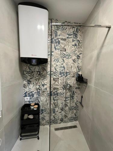 a shower with a glass door in a bathroom at The Oldest Street Apartment - TOSA in Risan