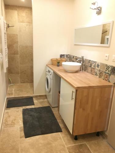 une salle de bain avec un lavabo et une machine à laver dans l'établissement gîte nature campagne calme piscine spa, à Pierrevert