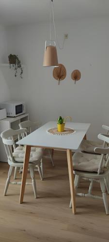 a white dining room table with chairs and a potted plant at Apartamentos Can Salas in Cala Figuera