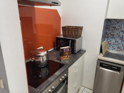 a kitchen with a stove with a pot on it at Appartement Purzel in Mauerbach