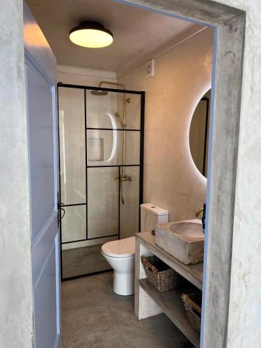 a bathroom with a shower and a toilet and a sink at Casa Postigo no Campo in Campinho