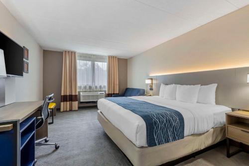 ハーンドンにあるComfort Inn Herndon-Restonの大きなベッドとデスクが備わるホテルルームです。