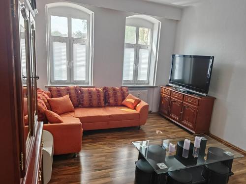 a living room with a couch and a flat screen tv at Wohnungen am Sommerbad in Zeitz