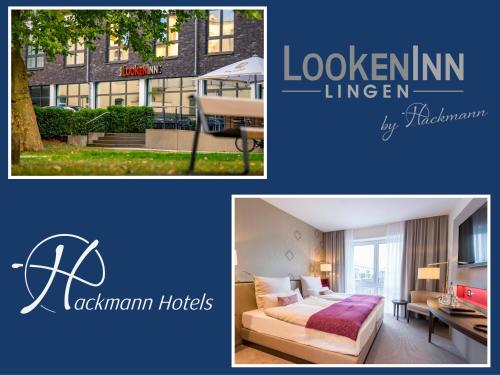 uma colagem de duas fotografias de um quarto de hotel em Looken Inn em Lingen