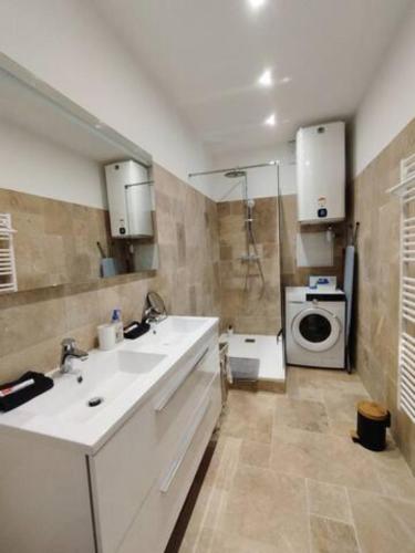 une salle de bain avec un lavabo et une machine à laver dans l'établissement Appartement neuf en plein cœur de la Bastide, à Libourne