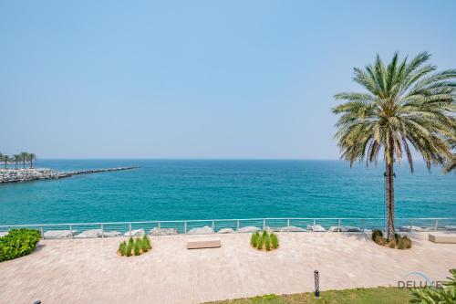 a palm tree sitting next to the ocean at Seafront 4BR Apartment with Assistant Room in The Address Fujairah Residences Block B, Fujairah by Deluxe Holiday Homes in Fujairah
